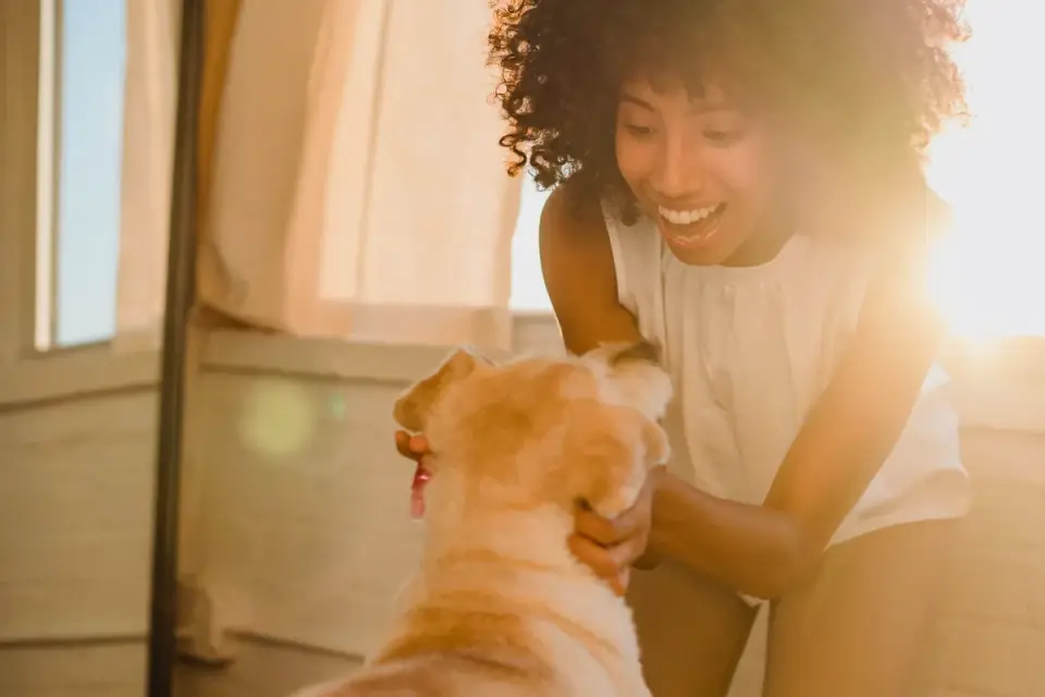 A dog owner reads the ingredient panel on a supplement bottle in a kitchen