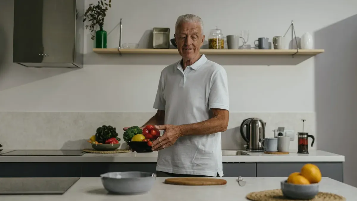 A gray-muzzled senior dog eating from a stainless steel bowl while an owner watches