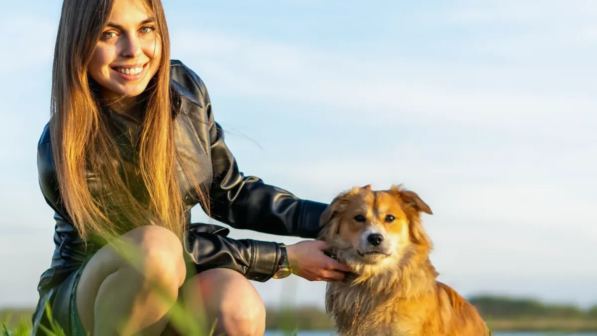 A veterinarian crouching beside a dog on a grassy lawn during an outdoor checkup