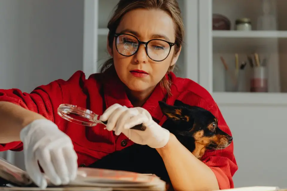 A veterinarian gently examining a small, nervous dog on an exam table