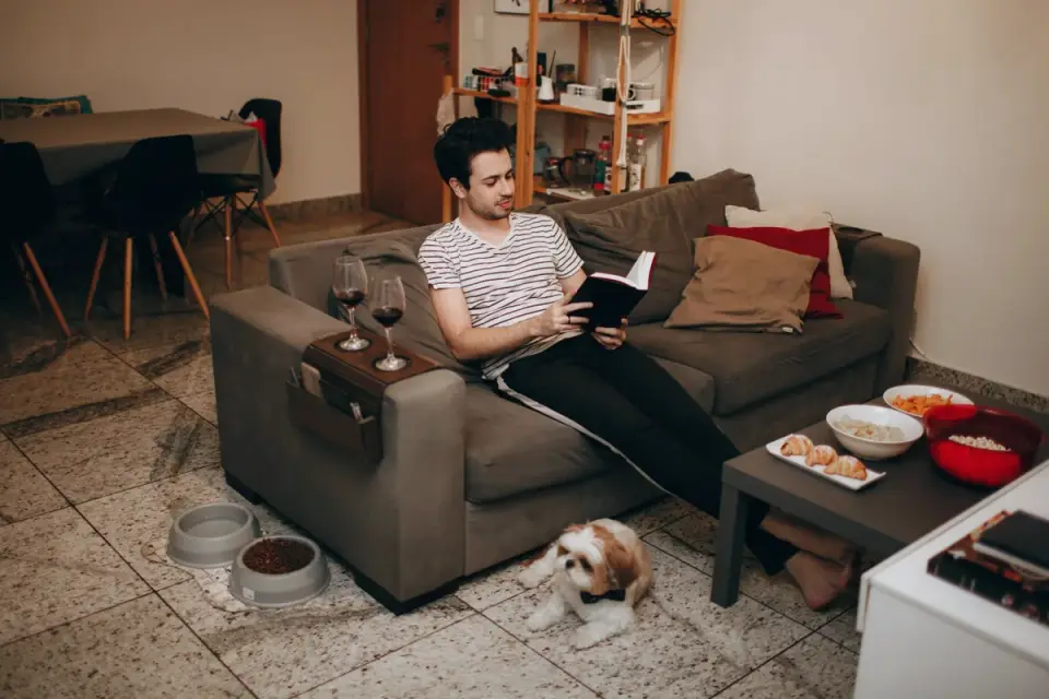 Dog eating from bowl at home