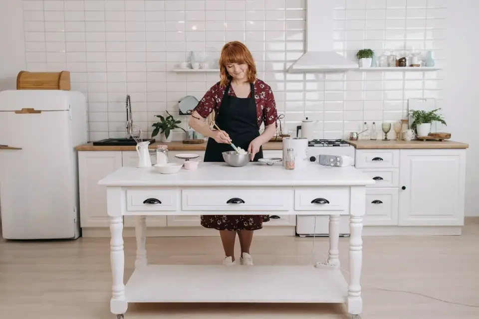 Dog owner preparing dog food kitchen