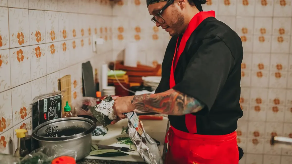 Dog owner preparing dog food kitchen